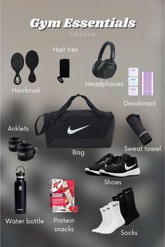 A layout of gym essentials including a black Nike gym bag, water bottle, sweat towel, deodorant, black sneakers, black and white socks, protein snacks, hairbrush, hair ties, ankle straps, and Sony headphones on a neutral background. Things To Take To The Gym, Girl Gym Bag Essentials Ideas, What To Put In My Gym Bag, What In My Gym Bag, Gym Bag Aesthetic Girl, Running Bag Essentials, Gym Bag Necessities, Women’s Gym Bag Essentials, Whats In My Gym Bag Fitness