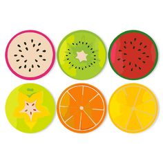 four slices of fruit are arranged in the shape of circles on a white background, including one orange, one watermelon and one kiwifruit