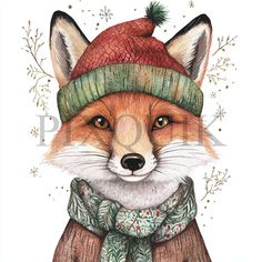 a red fox wearing a hat and scarf