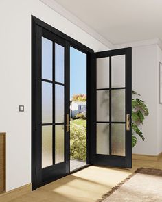 an open door leading to a sunny room with a potted plant in the corner