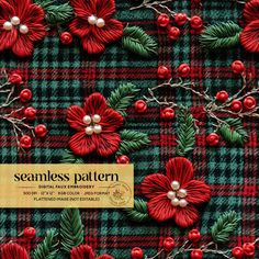 a plaid fabric with red flowers and green leaves on the side, surrounded by holly branches