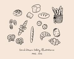 hand drawn bakery illustrations in black and white on a light pink background with the words