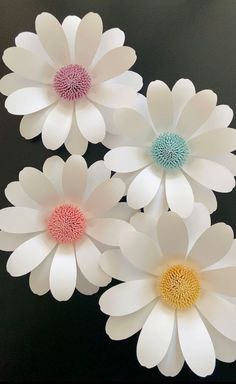 three white and pink flowers on a black surface