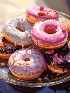 a bunch of donuts that are sitting on a glass platter with pink frosting and sprinkles