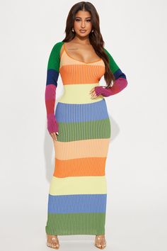 Available In Multi Color. Sweater Maxi Dress Set Adjustable Spaghetti Straps V-Neckline Stripe Pattern Long Sleeve Bolero Included Stretch 72% Viscose 28% Nylon Imported | Mia Sweater Maxi Dress Set size Medium by Fashion Nova