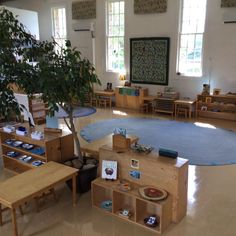 an empty classroom with tables, chairs and a tree in the middle of the room