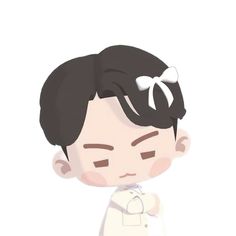 an anime character with black hair and a white bow in her hair, wearing a white shirt