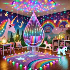 a room decorated with lights and unicorns