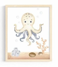 an octopus and other sea animals are depicted in this watercolor painting on white paper