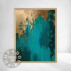 an abstract painting in gold and teal on a white wall