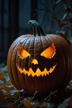 a carved pumpkin with glowing eyes on it