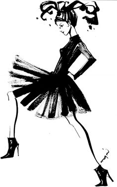 a black and white drawing of a woman in a tutu skirt with high heels