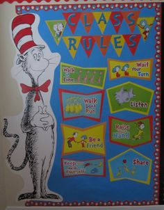 the cat in the hat was written on this bulletin board and it is very colorful