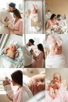 a collage of photos with babys and their parents