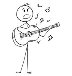 a cartoon man playing the guitar with notes coming out of his mouth