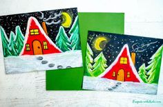 two paintings of houses in the snow with trees and stars on them, one has a red roof