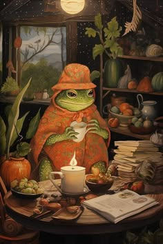 a painting of a frog sitting at a table