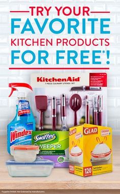 kitchen products are displayed on a counter with the words try your favorite kitchen products for free