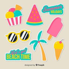 beach time stickers with sunglasses, ice cream and palm trees on the beach illustration