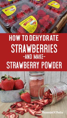 strawberries and strawberry powder in containers with text overlay that reads how to dehydrae strawberries and make strawberry powder