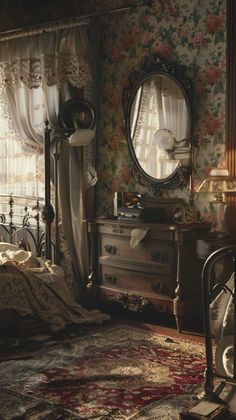 an antique bedroom with floral wallpaper and bed linens, dresser, mirror and lamp