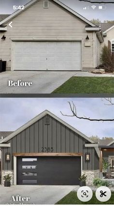 the before and after pictures of a house with two garage doors, one door open