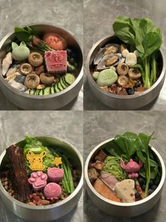 four pictures of different types of plants and rocks in a bowl on the counter top