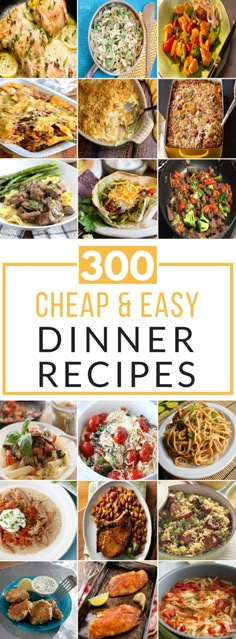 the cover of 500 cheap and easy dinner recipes, with pictures of different dishes in it