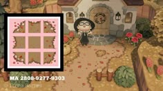 an animal crossing game with a woman standing in front of a house and flowers on the ground