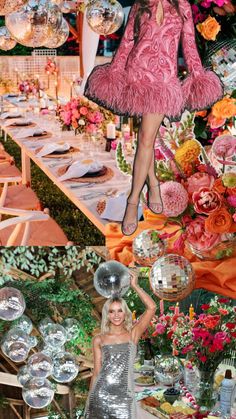 a woman in a pink dress standing next to a table filled with flowers and disco balls