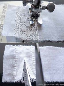 the sewing machine is cutting fabric with scissors