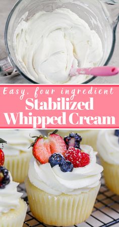 cupcakes with whipped cream and fresh berries on top are sitting on a cooling rack