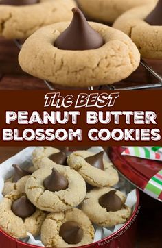 the best peanut butter blossom cookies in a red bowl with chocolate chips on top and text overlay