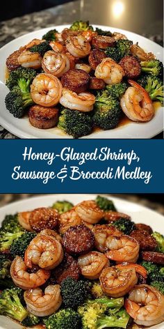 This Honey-Glazed Shrimp, Sausage & Broccoli Medley is a one-pan meal bursting with flavor. Juicy shrimp, smoky sausage, and tender broccoli are coated in a sweet and tangy honey glaze for a satisfying dish that's perfect for weeknight dinners or meal prep. Healthy Shrimp And Sausage Recipes, Shrimp And Broccolini, Broccoli Medley Recipes, Honey Garlic Shrimp Sausage Broccoli, Shrimp Sausage Broccoli, Honey Garlic Shrimp Sausage And Broccoli, Shrimp Meal Prep Ideas, Dishes With Rotisserie Chicken, Glazed Shrimp