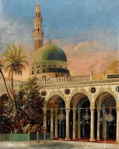 an oil painting of a mosque in the middle of a courtyard with palm trees around it