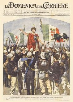 an old newspaper with a painting of a woman holding flags and other people standing around