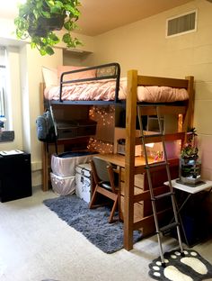 a bunk bed sitting next to a desk in a room