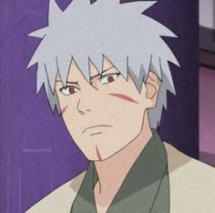 an anime character with white hair and grey eyes looking at something in front of him