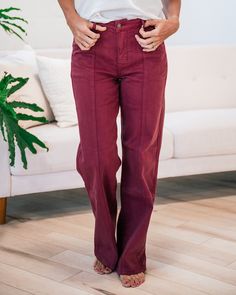 Judy Blue Chalise Burgundy Wide Leg Trouser Jeans Burgundy Zip up Wide leg Seam front Straight fit Great stretch 94% Cotton 5% Polyester 1% Spandex Imported Sizing: 0/24, 1/25, 3/26, 5/27, 7/28, 9/29, 11/30, 13/31, 15/32 Model is wearing a size 1 for a relaxed fit True to size for Judy Blue Straight Fit - size up if you are between sizes Need more sizing help? Check out our Jeans Sizing Guide here Measurements on size 1:Rise: 10" (mid to high rise)Inseam: 32"Leg opening: 10"Waist: 12.5" Burgundy Herim Pants, Burgundy Jeans, Twenty Two, Trouser Jeans, Go Shopping, Zip Ups, Wide Leg, Perfect Fit, Cute Outfits