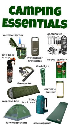 the camping essentials list is shown with its contents and instructions to pack it up