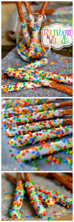 Fun and easy, these Rainbow Pretzel Wands take just minutes to make and are perfectly scrumptious! | MomOnTimeout.com Party Snacks Kids, Pretzel Wands, Snacks Kids, Rainbow Treats, Kids Treat, Diy Rainbow, Rainbow Food, Kids Party Food