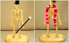 two pictures of a skeleton with a top hat and cane