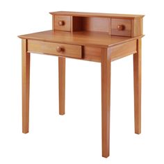 a small wooden desk with two drawers on one side and an open drawer on the other