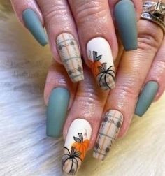 Halloween Acrylic Nails, Pumpkin Nails, Fall Nail Art Designs, Autumn Nail, Cute Nails For Fall, Plaid Nails, Fall Acrylic Nails