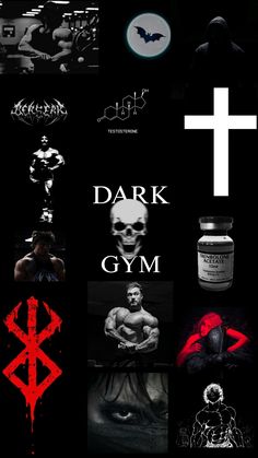 the poster for dark gym is shown in black and white