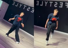 two pictures of a man doing tricks on a skateboard in front of a sign