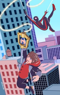 spider - man and woman are flying through the air in front of cityscape