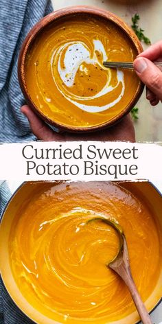 A pin with two images, the top image is hands holding a wooden bowl and a spoon with orange sweet potato soup and a swirl of coconut milk in it. The bottom image is a white pot with sweet potato bisque and a wooden ladle in it. In the center of the two images are the words "curried sweet potato bisque". Curried Sweet Potato And Peanut Soup, Vegetarian Bisque Soup Recipes, Fall Sweet Potato Soup, Vegetarian Sweet Potato Soup, Soup With Yams, Sweet Potato Bisque Soup, Sweet Potato And Apple Soup, Vegan Sweet Potato Soup Recipes, Vegan Winter Soups