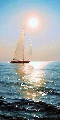 a sailboat is sailing in the ocean with sun shining on it's side