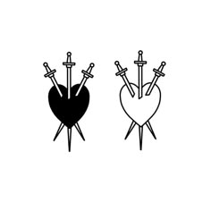 two black and white hearts with swords sticking out of them